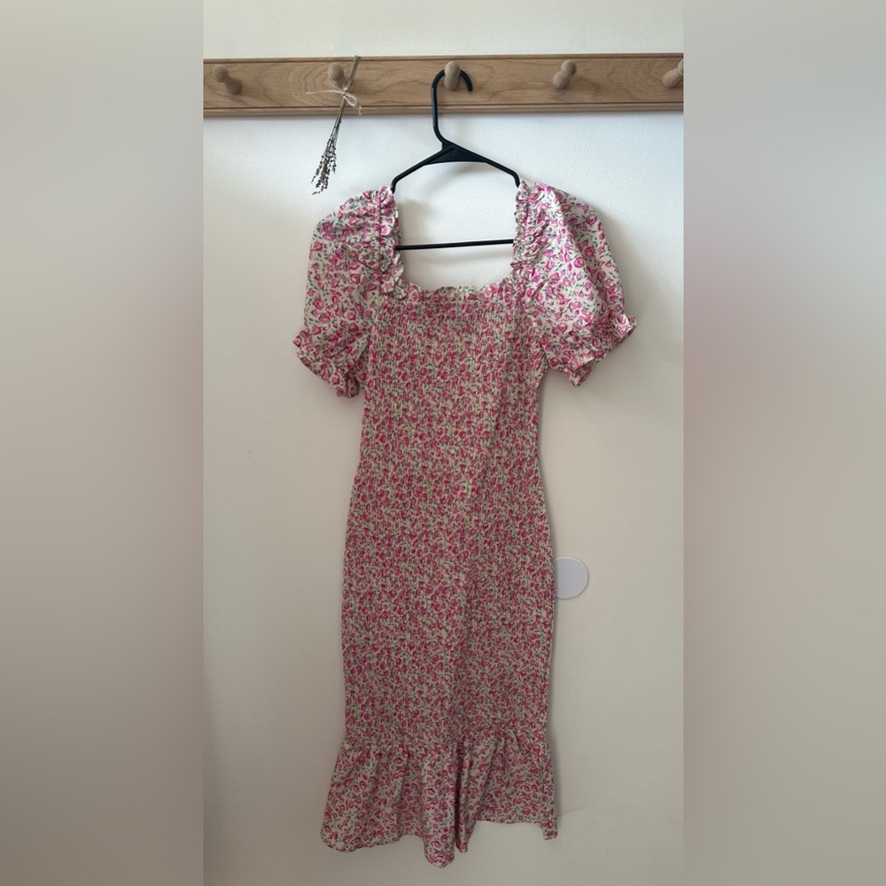 Pink Floral Smocked Body Con Midi Dress